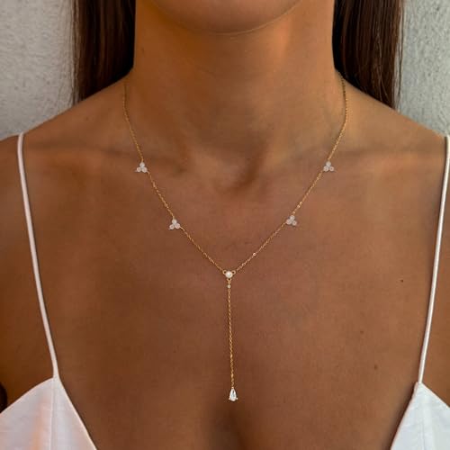 Long Gold Necklace For Women,Dainty Lariat Y Necklace 14K Gold Plated Cute Cubic Zirconia Lariat Necklaces Trendy Simple Statement Rhinestone Choker Necklaces Summer Jewelry - color: Gold-style 4