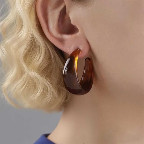 Punk Turquoise Hoop Earring Chunky Acrylic Hoop Earrings Blue Turquoise Circle Earring Acrylic Resin Hoops Earrings Wide C Shape Western Statement Jewelry for Women - color: Brown