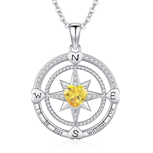 Compass Birthstone Necklace for Women S925 Sterling Silver with Cubic Zirconia - Birthday Jewelry gift for her, Girlfriend, Wife, Mom on Birthday, Anniversary - color: 11 - Citrine