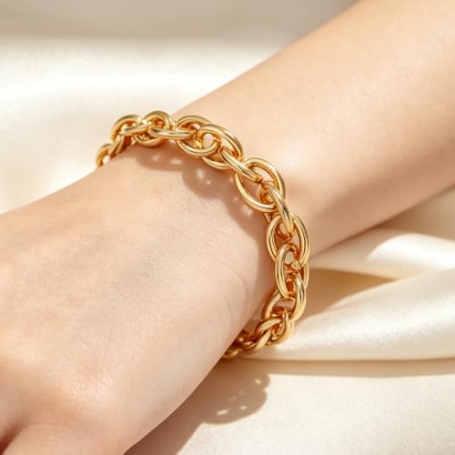 Chunky Gold Bracelet for Women Non Tarnish, Trendy Stretch Cuban Link Chain Plated Gold Bangle Bracelets - color: O-Small-Gold