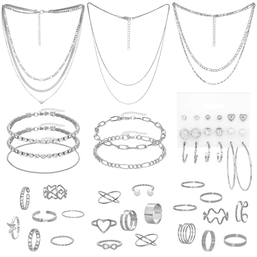 Gold/Silver Jewelry Set for Women Layered Bracelets Ball Dangle Hoop Earrings Stackable Knuckle Rings Set Dainty Adjustable Necklaces Valentine Anniversary Trendy Party Costume Accessories Jewelry - style: Fashionable