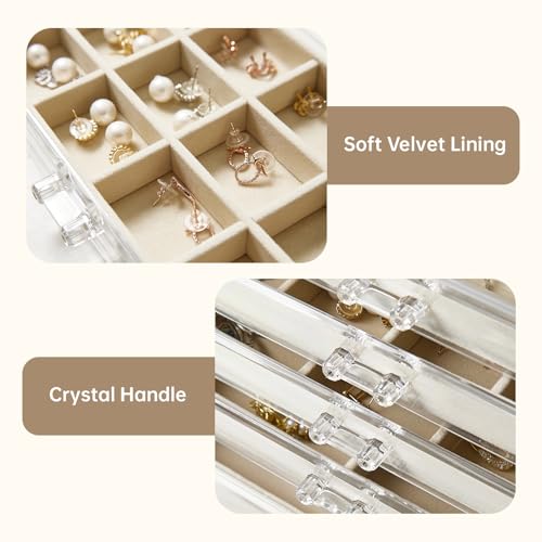 Acrylic Jewelry Box with 5 Drawers, Clear Earring Holder Organizer Rings Display Case with Adjustable Velvet Trays for Women Girls,Creamy-white - color: Creamy-white