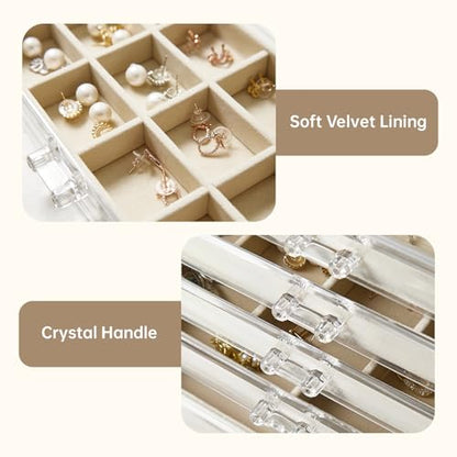 Acrylic Jewelry Box with 5 Drawers, Clear Earring Holder Organizer Rings Display Case with Adjustable Velvet Trays for Women Girls,Creamy-white - color: Creamy-white
