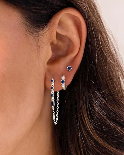 3 Pairs Earring Stacks, Gold Earring Set Jewelry Gift for Women | Small, 14K Gold/White Gold/Black/Rose Gold Plated, Hypoallergenic, Her, Everday, Stackable, Simple, 3 Holes - color: Silver-Blue Chain
