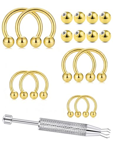 16G Horseshoe Septum Rings 6/8/10/12mm with Tool & Ball Grabber,Hypoallergenic for Nose,Rook,Cartilage,Helix,Lips-Silver Gold 316L Surgical Steel Septum Piercing jewelry - color: Gold Plated Horseshoe Ring 6-12mm + Ball + Tool