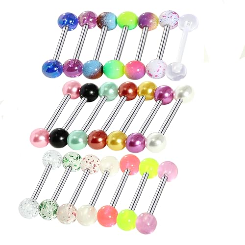 14G Surgical Steel Tongue Rings for Women Men Acrylic Clear Tongue Piercing Jewelry Teaser Slave Ring Skull/Flower/Silicone Soft Spike Ball/CZ/Door Knocker/Pill Tongue Barbell Bars 5/8inch - color: 20pcs mix