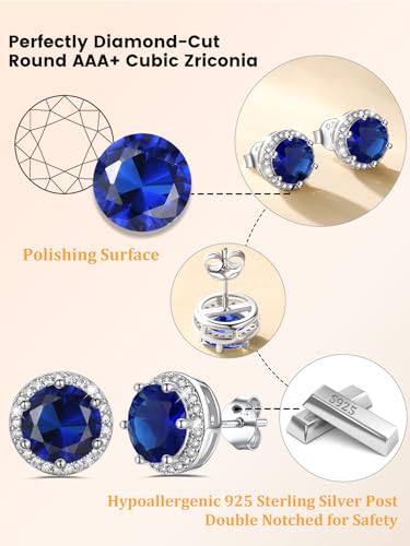 Bestyle Authentic 925 Sterling Silver 2 Carat Birthstone Earrings for Women, More Sparkle Heart/Round Solitaire Diamond Studs Earrings, Great Birthday/Christmas/Anniversary Jewelry for Wife Mother - color: 09. Sept. Sapphire-Round