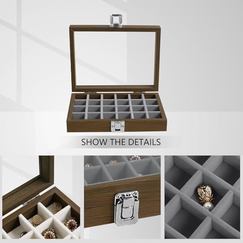 Wudygirl 24 Grid Earring Organizer Small Jewelry Box with Lid WoodGray | Ring Box with Adjustable Dividers, Velvet Lining, Ideal for Rings, Earrings, Jewelry Display, Gift Giving - style: Wood Gray 24 Grid