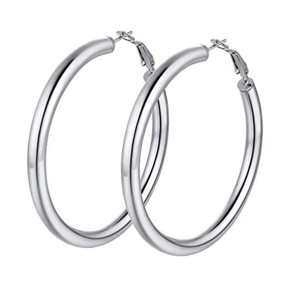 PROSTEEL Chunky Hoop Earrings for Women 14K Gold Plated/Black/Silver | 20/30/40/50/60/70/80mm Stainless Steel Thick Big Round Hoop with Waterproof and Non Tarnish Trendy Jewelry with Gift Box - color: 1. Silver, size: 60MM
