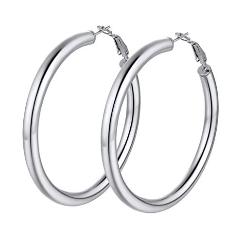 PROSTEEL Chunky Hoop Earrings for Women 14K Gold Plated/Black/Silver | 20/30/40/50/60/70/80mm Stainless Steel Thick Big Round Hoop with Waterproof and Non Tarnish Trendy Jewelry with Gift Box - color: 1. Silver, size: 60MM