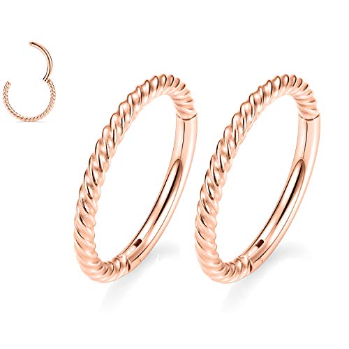 GAGABODY 2 Pcs Nose Rings 22G 20G 18G 16G 14G 12G 10G 8G Surgical Steel Piercing Rings for Nose Septum Cartilage Helix Tragus Conch Rook Daith Lobe from 5mm to 16mm Seamless Hoop Unisex Hinged Earrings - color: Rose Gold-Twisted