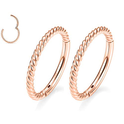 GAGABODY 2 Pcs Nose Rings 22G 20G 18G 16G 14G 12G 10G 8G Surgical Steel Piercing Rings for Nose Septum Cartilage Helix Tragus Conch Rook Daith Lobe from 5mm to 16mm Seamless Hoop Unisex Hinged Earrings - color: Rose Gold-Twisted