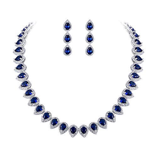 EleQueen Women's Silver-Tone Full Prong Cubic Zirconia Teardrop Bridal Necklace Earrings Set - color: 01-Sapphire Color
