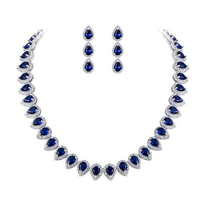 EleQueen Women's Silver-Tone Full Prong Cubic Zirconia Teardrop Bridal Necklace Earrings Set - color: 01-Sapphire Color