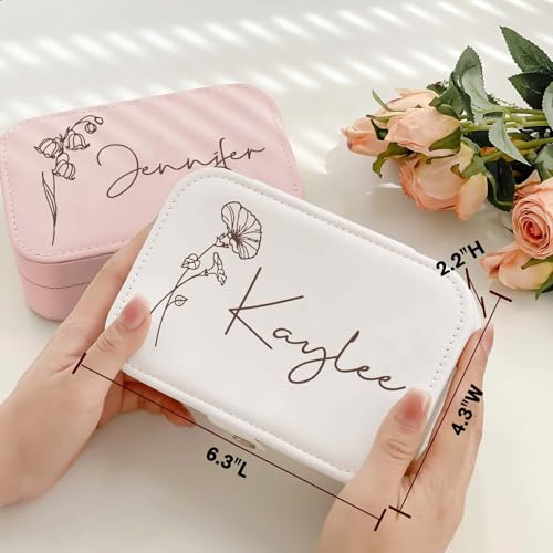 Personalized Jewelry Box Gifts for Women Custom Travel Jewelry Case Organization Leather Customized Birthday Anniversary Bridesmaid Gifts - color: 001-White-Flower