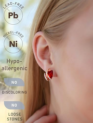 Gifts for Women, Wish Stone Stud Earrings with Birthstone Crystals, 18K Rose Gold Plated or Silver-tone - color: 101-January July Birthstone-Ruby Red-Rose Gold Plated