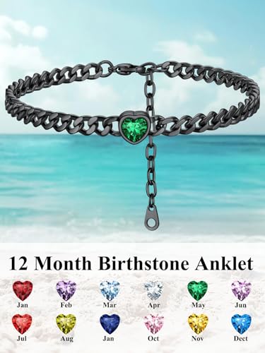 ChainsHouse Cuban Chain Anklets for Women with Heart Birthstone Jan - Dec | Stainless Steel Black Link Chain Ankle Bracelet with Birthstone, Beach Women Anklet 22cm-27cm Adjustable, with Gift Box - color: 05. May-Emerald-Black
