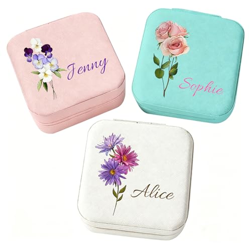 Personalized Jewelry Box with Name&Flower, Custom Travel Jewelry Case | Leather Jewelry Box for Rings, Earrings, Necklaces, Gifts for Women Girls Mom Bridesmaid