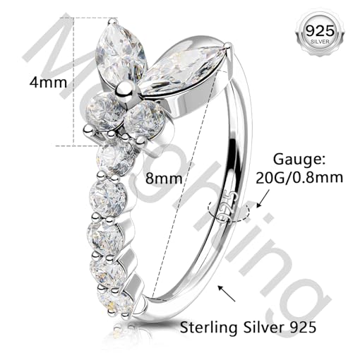 Melighting 20G Nose Ring Hoop 925 Sterling Silver Butterfly Flower Nose Hoop Seamless Open Helix Piercing Clear Double CZ 8 mm Cartilage Earring Nose Piercing for Women - color: Butterfly