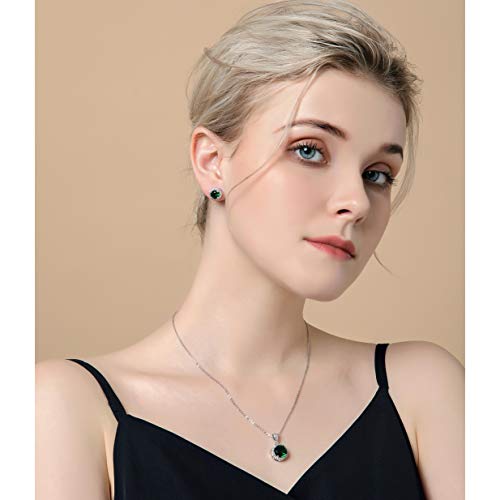 AMYJANE Halo Crystal Jewelry Set - Sterling Silver Round Cubic Zirconia Crystal Bridal Pendant Necklace Earrings Set for Wedding Bride Bridesmaids - color: Emerald