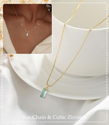 FUNEIA Diamond Necklaces for Women 14K Gold Plated Emerald Birthstone Necklace for Women Mothers Dainty Gold Necklace Blue Green Cubic Zirconia Pendant Necklace Birthday Gifts for Women Jewelry - color: 03. March(Aquamarine)