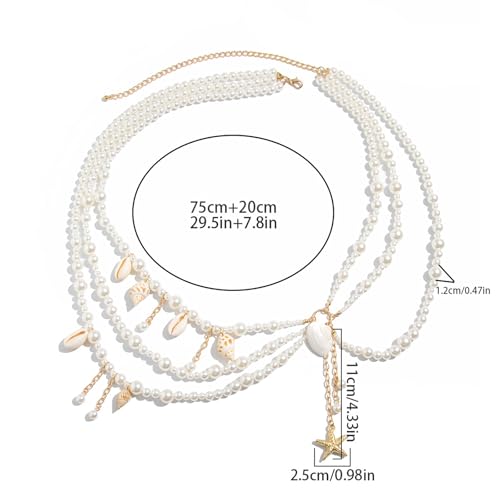 Sexy Multi-layered Starfish Pearl Pendant Waist Chain,White Pearl Tassel Hip Belly Body Chain,Festival Rave Beaded Waist Belt,Summer Shell Conch Body Jewelry for Women