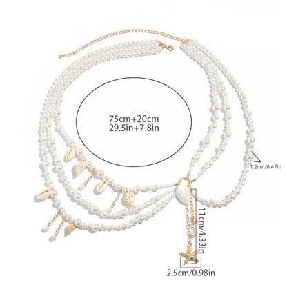 Sexy Multi-layered Starfish Pearl Pendant Waist Chain,White Pearl Tassel Hip Belly Body Chain,Festival Rave Beaded Waist Belt,Summer Shell Conch Body Jewelry for Women