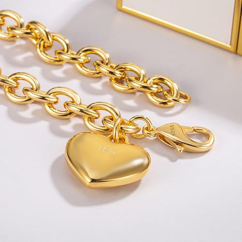Dankadi Women 925 Sterling Silver Round Cable Wire Link Bracelet Charm Heart-Bell-Square-Circle Pendant Chain Bangle Fine Jewelry Gift For Wife Her - color: 6MM Gold Heart Pendant, size: 7 in