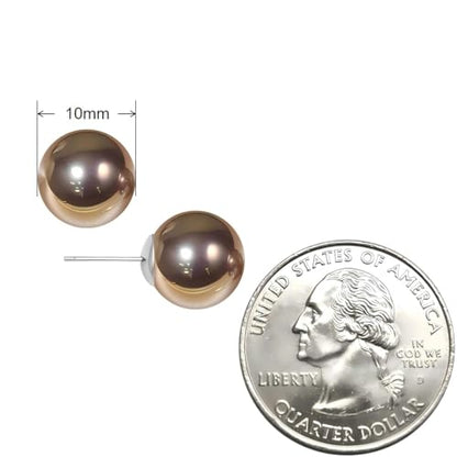 Gold & Brown Faux Pearl Stud Earrings, S925 Silver Posts Hypoallergenic for Women - color: Brown, size: 10mm