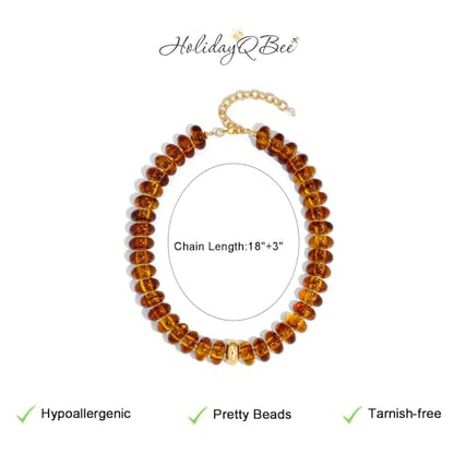 Beaded necklace for Women Boho Bead Gemstone Chunky Necklace Big Bead Necklace Fashion Trendy Summer Necklaces Jewelry Gifts - color: Amber&GD Beaded