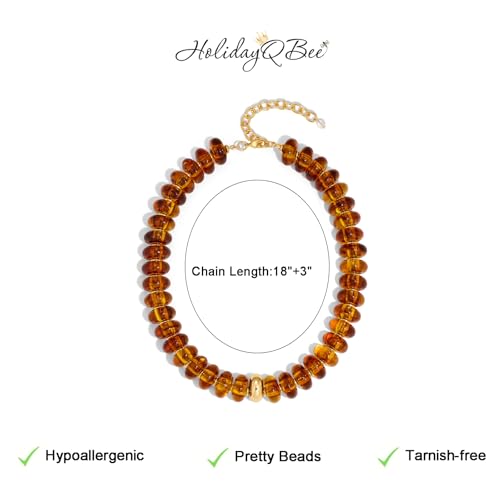 Beaded necklace for Women Boho Bead Gemstone Chunky Necklace Big Bead Necklace Fashion Trendy Summer Necklaces Jewelry Gifts - color: Amber&GD Beaded