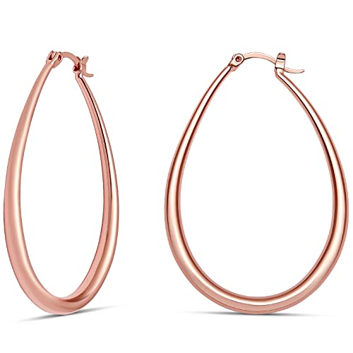 Milla Oval Hoop Earrings for Women | Elegant Polished 14K Gold, Rose Gold or Silver Plated Hoops with Secure Latch Closure, Hypoallergenic & Lightweight - color: Rose Gold Plated / 1.8 in - SMALL