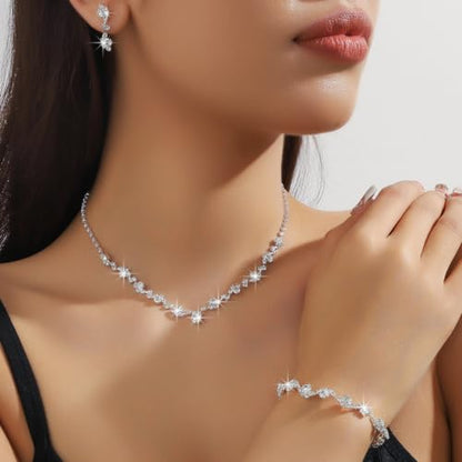Prom Earrings Necklace Bracelet Set Elegant Crystal Rhinestone Necklace Earrings Bracelet Bridal Wedding Prom Dresses Costume Outfit Gold Jewelry Sets for Women - color: Silver