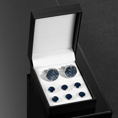 wynameleri Mens Tuxedo Shirt Button and Cuff Links Set, Classic Shirts Cufflink Studs, Formal Business Wedding Jewelry - color: Checkered-Blue