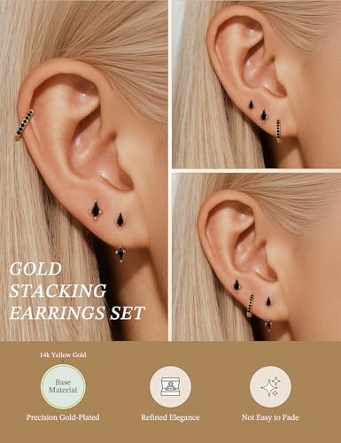 3 Pairs Stackable Kite Stud Earrings Set for Women Trendy | Dainty Birthstone Stud Gold & 925 Sterling Silver Huggie Hoop Jacket Stack Earrings for Women 2026 - color: Gold-Black Diamond