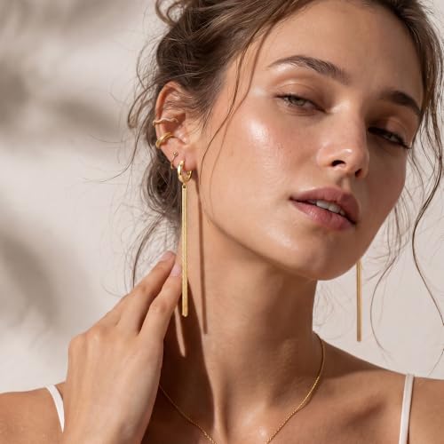 Gold Hoop Earrings for Women Long Dangle Chain Duster Earrings | 14K Gold Plated Small Huggie Hoops Hypoallergenic Long Chain Earrings Lightweight Drop Earrings for Everyday Wear Jewelry