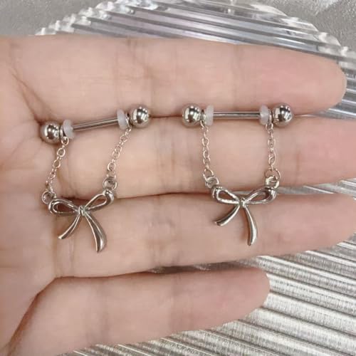 14G Bow Knot Dangle Nipple Rings for Women Silver Chain CZ Crystal Butterfly Nipple Shield Barbell Nipplerings Piercing Sexy Body Piercing Jewelry - color: Bow