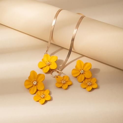 Colorful Flower Necklace Earrings Set for Women Gold Snake Chain Toggle Clasp Pendant Necklaces Dainty Double Flowers Statement Earrings Bridal Wedding Summer Beach Jewelry for Women - color: yellow