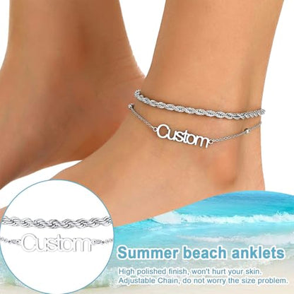 U7 Custom Layered Ankle Bracelets for Women Stainless Steel Bead/Cuban/Figaro/Rope/Wheat Chain Anklet Waterproof Anklet Jewelry for Beach Vacation - color: b-Silver-Rope Chain