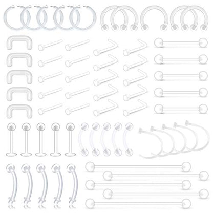 D.Bella 65pcs Mix Style Clear Piercing Retainer Flexible Lip Ear Nose Septum Eyebrow Nipple Tongue Rings Cartilage Tragus Earrings Retainer Bioflex Horseshoe Hoop Industrial Barbell - color: 65 Pcs Mix Style B