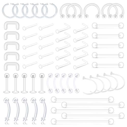 D.Bella 65pcs Mix Style Clear Piercing Retainer Flexible Lip Ear Nose Septum Eyebrow Nipple Tongue Rings Cartilage Tragus Earrings Retainer Bioflex Horseshoe Hoop Industrial Barbell - color: 65 Pcs Mix Style B