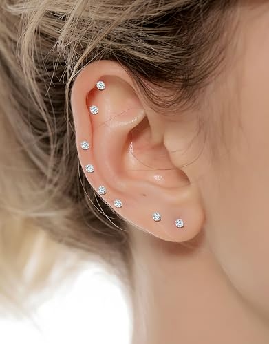 Tornito 24 Pairs Tiny Stud Earrings Stainless Steel Cubic Zirconia Ball Dot Small Cartilage Stud Earrings Set For Women Men Comfy Screw Flat Back For Multiple Piercing 2MM 20G