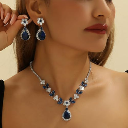 OIDIMS Elegant Teardrop Flower Leaf Wedding Bridal Jewelry Set for Women Ladies Cubic Zirconia Pendant Choker Necklace Drop Dangle Earring Fashion Evening Party Formal Costume Accessories Jewelry - color: Blue