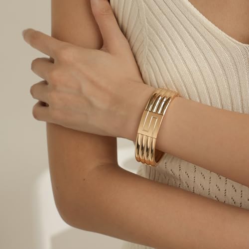 Chunky Gold Bangles Bracelet for Women Trendy Statement Bracelet Dainty Charm Gold Jewelry - color: Striped Bracelet-GD
