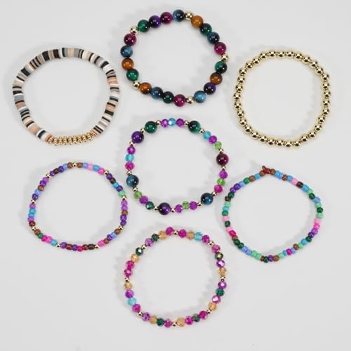 7Pcs Bohemia Multilayer Stackable Crystal Beaded Bracelet Set Multicolor Surfer Heishi Clay Gold Beaded Friendship Stretch Bracelets for Women Men Summer Beach Boho Vacation Jewelry Gifts - color: Colorful