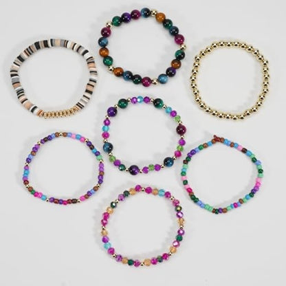 7Pcs Bohemia Multilayer Stackable Crystal Beaded Bracelet Set Multicolor Surfer Heishi Clay Gold Beaded Friendship Stretch Bracelets for Women Men Summer Beach Boho Vacation Jewelry Gifts - color: Colorful