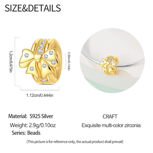 925 Sterling Silver Stopper Clip Charms for Bracelet Necklace Spacer Beads with 5A Cubic Zirconia Mother's Day Christmas DIY Gift for Women(2PCS) - style: Golden Bow