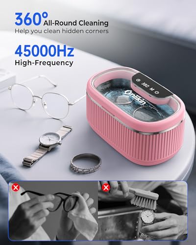 35W Ultrasonic Jewelry Cleaner, 45KHz Retainer Cleaner for Jewelry, 5 Timer & 3 Power Modes, Eyeglasses, Rings, Watch Strap, Dentures - 20oz, 304 Stainless Steel Tank, Quiet <38dB (Pink) - color: Pink
