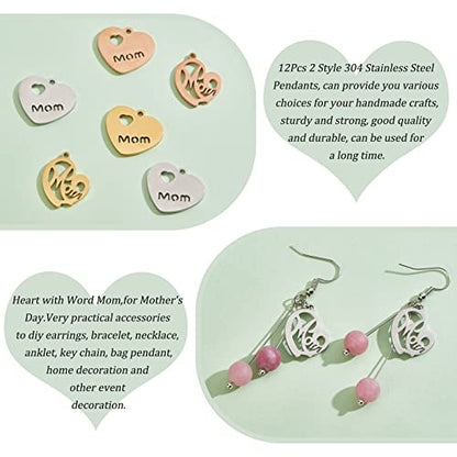PH PandaHall 12pcs Heart Charms with Mom, 2 Styles Stainless Steel Long-Lasting Metal Heart Charm Beads for DIY Necklace, Bracelet, Earring Craft Valentine, Mother's Day, Thanksgiving - color: 2 Style