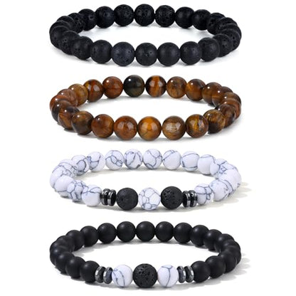 Giovanchi 4-12PCS Bracelets for Men, 8MM Mens Bracelets Lava Rock Black Obsidian Howlite Tiger Eye Beaded Natural Stone Bracelet Jewelry Gifts for Birthday Christmas - style: 4Pcs D